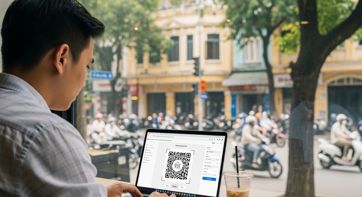 Minh tạo mã QR code trong 5 phút tại quán cà phê hiện đại ở Việt Nam. Minh đang sử dụng laptop để tạo mã QR với logo thương hiệu, bên cạnh là ly cà phê sữa đá.
