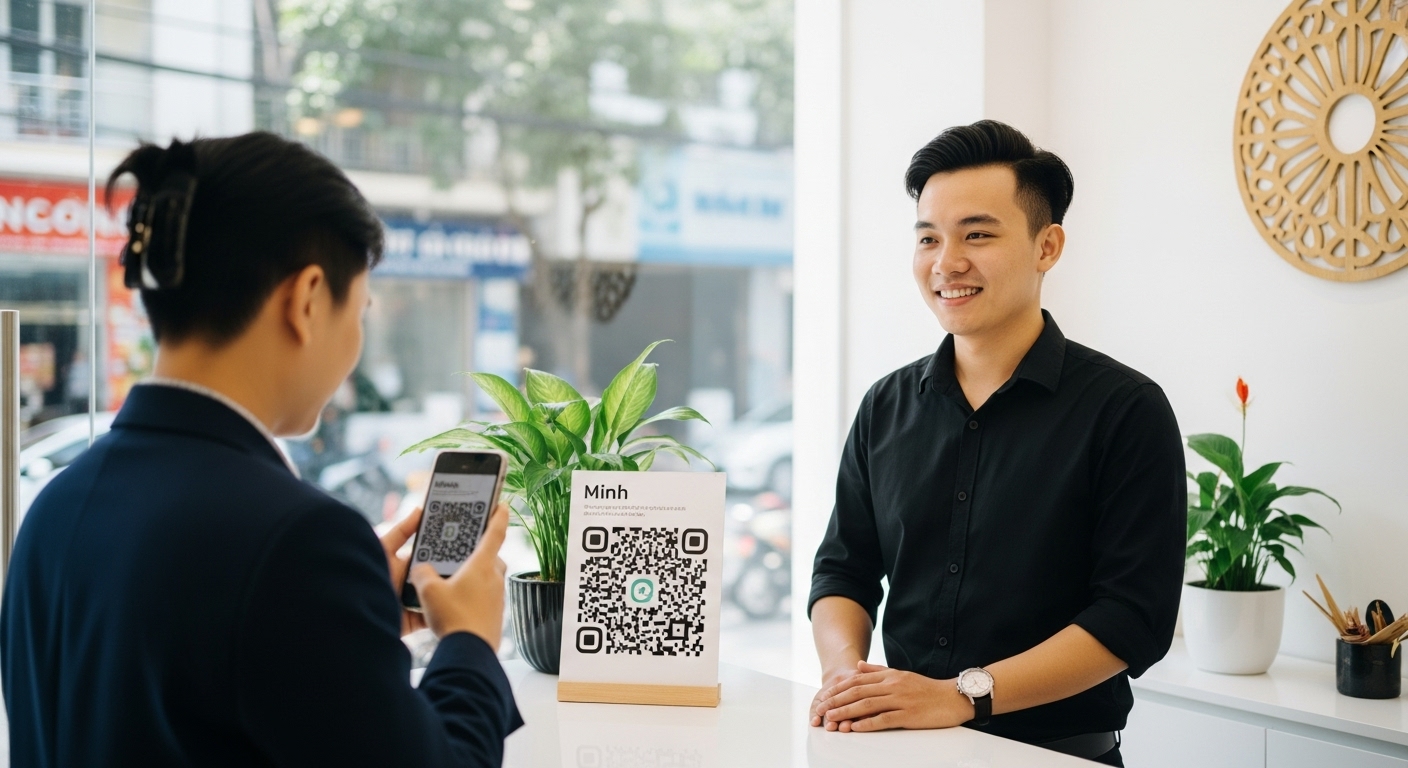 Minh và bảng QR Code: Bí quyết thành công cho cửa hàng hiện đại của anh ở Việt Nam.