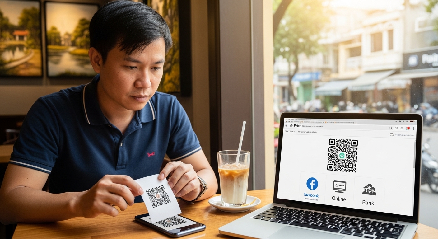 Thanh niên Việt Nam tên Minh đang tập trung sử dụng laptop để tạo mã QR miễn phí tại một quán cà phê hiện đại ở Sài Gòn.